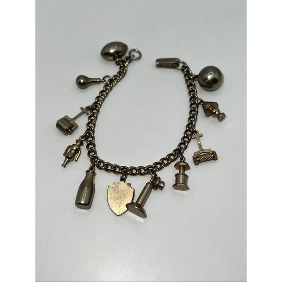 Vintage Charm Bracelet 11 Charms Travel Lamp Mower Football Telephone Light Bulb - Picture 7 of 7